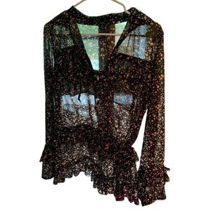 Whimsical Boho Chic Sheer Black Floral Long Sleeve Flowy Ruffled Top